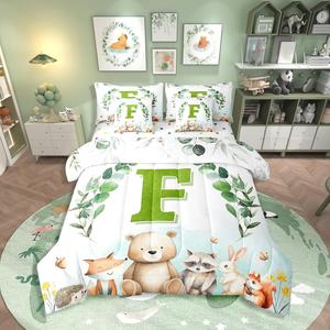 Erosebridal Комплект постельного белья Initial Letter F с милыми лесными животными из эвкалиптовых листьев для детской комнаты, Green F