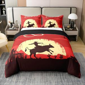 Erosebridal Хлопковый комплект постельного белья Cowboy в стиле вестерн с принтом животных ранчо, Red Black