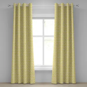 Желтая штора на люверсах ABAKUHAUS с зигзагообразным абстрактным повторяющимся геометрическим узором в стиле 90-х, декоративная двухпанельная штора, 280 см x 245 см, цвет белый и желтый Abakuhaus