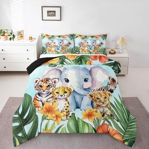 Erosebridal Комплект постельного белья Wild Safari Animal с принтом слонов, зебр и леопардов для детской комнаты, Orange Green