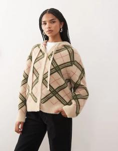 Мягкий вязаный кардиган Reclaimed Vintage с капюшоном и завязкой-бантом в нейтральную клетку