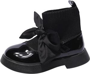 Детские ботинки для девочек с бантиком, боевые ботинки, пэчворк, вязаные, с ребристой текстурой, нескользящие, на щиколотку, зимние теплые повседневные туфли Generic, Black