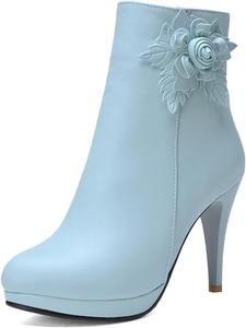 Женские ботильоны с круглым носком и цветочным декором на высоком каблуке, платформе, с молнией, элегантные короткие ботинки JOEUSTY, Blue-Velvet Lined