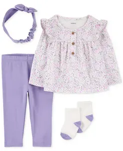 Комплект для девочки: топ, повязка на голову, брюки и носки с цветочным принтом, 4 предмета Carter's, фиолетовый