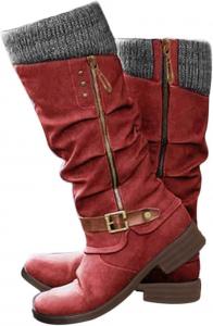 Женские высокие сапоги до колена для широкой голени, средние сапоги с вязаной манжетой с драпировкой, зимние ботинки на молнии сбоку, винтажные сапожки с низким каблуком, мотоциклетные, с круглым носком, удобные высокие сапоги Generic, A5-Red