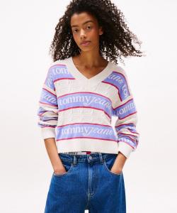 Полосатый свитер с логотипом и V-образным вырезом