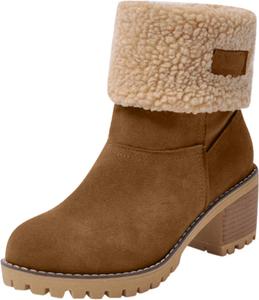 Ботинки Dotmalls Dotmalls для пожилых людей, зимние ботинки с толстым каблуком, с подкладкой из шерпы, удобные ботинки на среднем толстом каблуке из замши для снега, теплые ботильоны Generic, Khaki