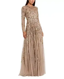 Платье с длинными рукавами, украшенное ручной вышивкой. Mac Duggal, коричневый