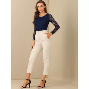 Женская кружевная блузка с круглым вырезом и длинными рукавами, прозрачная цветочная вышивка ALLEGRA K, светло-синий