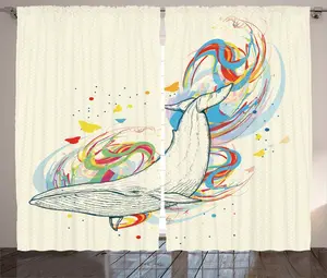 Штора ABAKUHAUS в деревенском стиле с рисунком кита, ныряющего в океане, универсальная тесьма для гостиной с петлями и крючками, 280 x 225 см, бело-голубая Abakuhaus