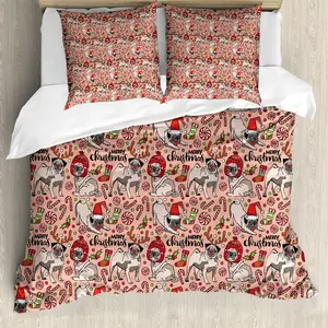 Пододеяльник ABAKUHAUS с изображением мопса, рождественский дизайн, защита от клещей, подходит для аллергиков, с наволочками, 155 см x 220 см - 80 x 80 см, розово-красный, зеленый Abakuhaus
