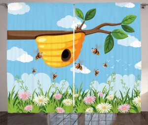 Штора ABAKUHAUS "Пчелы" в деревенском стиле, с натуральными веточками, с рисунком пчелиного улья, универсальная, с петлями и крючками, для гостиной, 280 x 225 см, нежно-голубой и разноцветный Abakuhaus