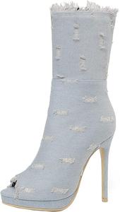 Женские джинсовые ботильоны Uniquelly с открытым носком, платформой, тонким высоким каблуком, растяжимой боковой молнией, сексуальные туфли, Light Blue