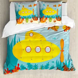 Пододеяльник ABAKUHAUS Желтая подводная лодка, морская тематика, защита от клещей, подходит для аллергиков, с наволочками, 200 см x 200 см - 80 x 80 см, желто-голубой Abakuhaus