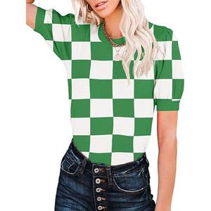 Женский топ с круглым вырезом и короткими рукавами Clearflower, Gree White Plaid