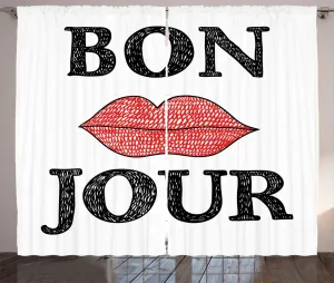 Штора ABAKUHAUS Lifestyle Rustic, винтажная надпись Bon Jour Words, присборенная тесьма для спальни с петлями и крючками, 280 x 175 см, цвет черно-красный Abakuhaus