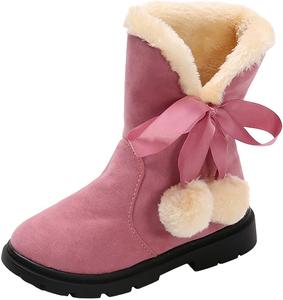 Детские зимние сапожки для девочек с бантом, утепленные флисом, средние по голенищу, с подошвой типа «грунт», праздничные сапожки, милые принцессные сапоги до колена Generic, Pink