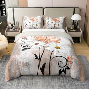 Erosebridal Комплект постельного белья Graffiti Retro из 100% хлопка с тай-дай принтом в стиле ретро с цветами и ромашками, Orange