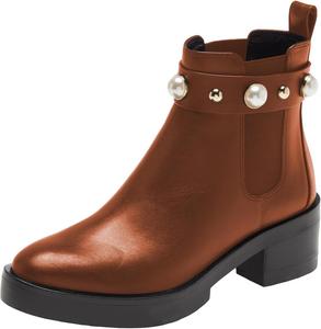 Женские ботильоны FSJ Chelsea с круглым носком, ремешком с жемчугом, низким блочным каблуком, на липучке, из веганской кожи, размер 4-16 US, Brown