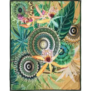 Плед Yissa, очень мягкий, уютный, 130x160 см, двухсторонний, мандала, охра, зеленый Hip, зеленый/мультиколор/охра
