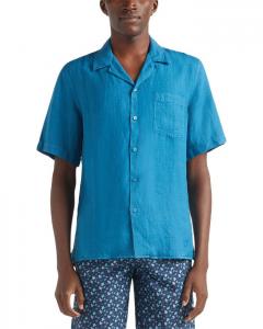 Короткий рукав, однотонная льняная рубашка Vilebrequin, синий