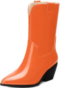 Женские сапоги WAYDERNS до середины икры из лакированной кожи с массивным каблуком, заостренным носком, 2,3-дюймовым каблуком, короткие ботильоны для модных повседневных прогулок, свиданий и шопинга, осенние, Orange