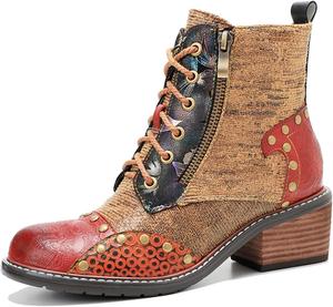 Женские ручные ретро-сапоги на высоком каблуке из овчины, красочная роспись, металлический стиль - модные, удобные, прочные, уникальный стиль меньшинств Riutiru, Camel Color 1