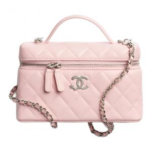 CHANEL Блестящая зернистая тисненая телячья кожа Женская косметичка ручной клади Светло-розовый