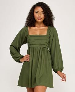 Женское плиссированное платье-бэби-долл с завязками на спине и длинными рукавами City Studios, Olive