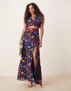 Юбка макси с высокой талией и разрезом на бедрах, с принтом ракушек, темно-синего цвета Hope & Ivy