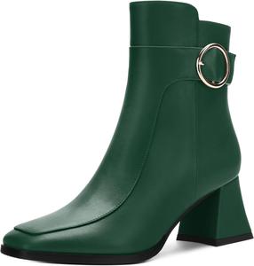 RLYGHWAO Женские черные ботильоны с квадратным носком на среднем каблуке с боковой молнией, модные ботинки с пряжкой для женщин