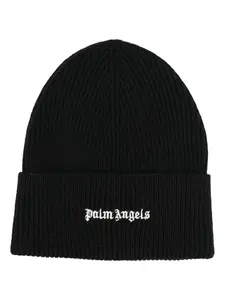 Шапка бини в рубчик с вышитым логотипом Palm Angels, черный