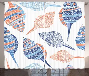 Штора ABAKUHAUS Ракушка в деревенском стиле, Морской, Морская жизнь, присборенная штора для спальни с петлями и крючками, 280 x 225 см, цвет: синий, белый, бледно-оранжевый Abakuhaus