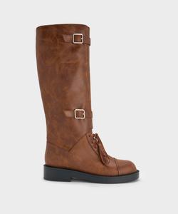 Боевые высокие сапоги с двойной пряжкой Charles & Keith, цвет Brown