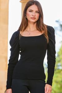 Свитер с квадратным вырезом и рукавами-фонариками Sosandar, черный