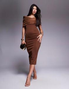 Платье миди из тафты с отделкой в ​​стиле бардо цвета мокко от ASOS DESIGN