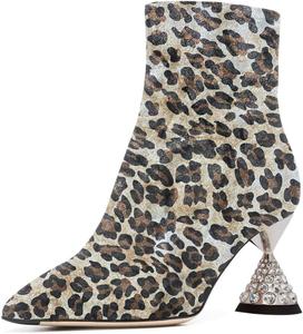 Женские ботильоны YDN с заостренным носком, на каблуке, с заклепками, средний каблук, украшены блестящими стразами, праздничные туфли, размеры 4-15 US, Leopard