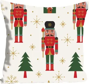 Королевская декоративная подушка "Мик", с щелкунчиками и елочками, чехол без наполнения, 1 шт Queence 40х40 см, красный/зеленый