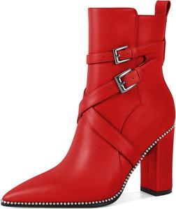 Женские ботильоны AUMOTED с заостренным носком, украшенные бисером, массивным каблуком 3,5 дюйма, с боковой молнией, вестерн-стиль, Matte Red