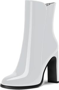 Женские офисные ботинки ROSERWISH на молнии, с классическим округлым носком, лакированной отделкой, высокими блочными каблуками и средним голенищем, 4 дюйма