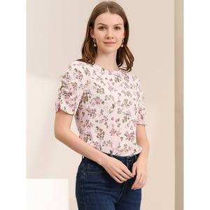 Женская блузка с цветочным принтом, повседневный топ с круглым вырезом и короткими рукавами ALLEGRA K, цвет Black Red
