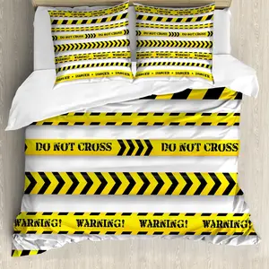 Пододеяльник ABAKUHAUS желтый, с рисунком лента-предупреждение, с защитой от клещей, подходит для аллергиков, с наволочками, 155 см x 220 см - 80 x 80 см, черно-желтый