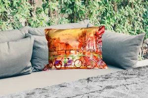 Подушка для улицы - Живопись - Велосипед - Амстердам - Канал - Масло - 50x30 см - Устойчива к атмосферным воздействиям - Подушка для отдыха - Подушка для дивана - Украшение для гостиной MuchoWow