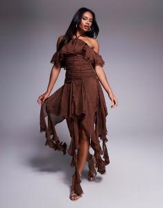 Платье из шифона с халтер-воротом и оборками шоколадного цвета Asos Luxe