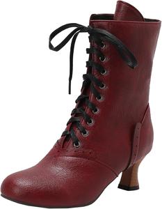 Элегантные женские ботильоны с блочным каблуком и круглым носком, с шнуровкой, повседневные короткие ботинки для ежедневной носки XIEPP, Burgundy