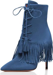 Женские бохо ботильоны YDN с бахромой на шпильках, туфли с острым носком и шнуровкой, ботильоны с кисточками, Blau