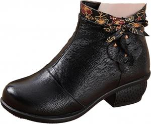 Женские кожаные ботильоны, винтажный бантик, удобные с массивным каблуком, водонепроницаемые, с нескользящей подошвой, с боковой молнией, повседневные короткие ботиночки HNEOWGN, Black