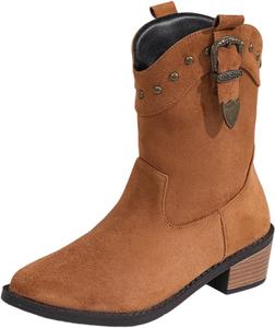 Женские ботильоны с заостренным носком, низким широким каблуком, боковой молнией и пряжками, байкерские ботильоны, ботильоны с кисточками Generic, A-Brown