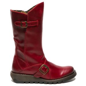 MES2913 - Женские кожаные ботинки до середины икры на танкетке с пряжкой FLY London, красный