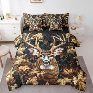 Erosebridal Комплект постельного белья Deer Antler Hunting с одеялом в тематике осенних кленовых листьев и оленей, желто-белая расцветка, Yellow